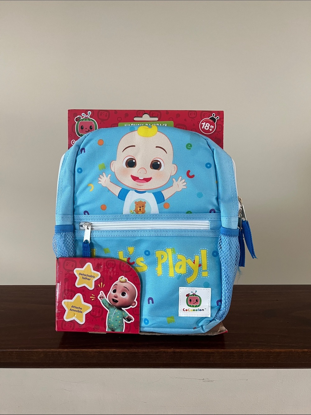 Cocomelon JJ Kids Harness Backpack Light Blue Let’s Play Detachable Tether.